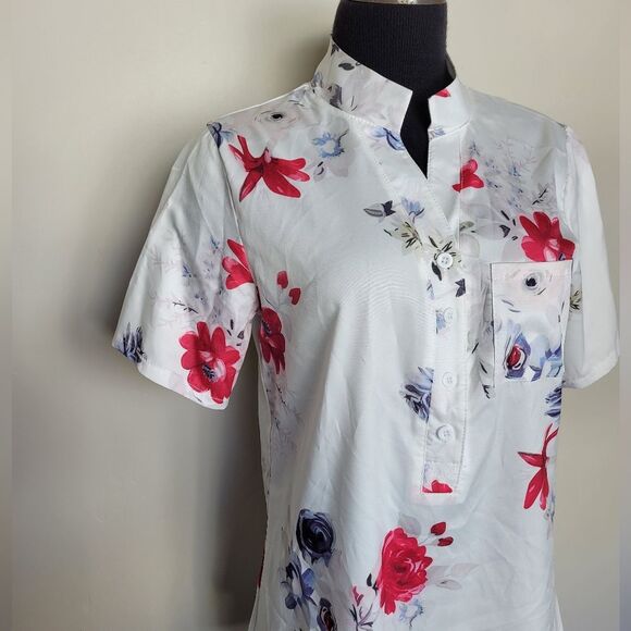 Floral Lightweight Blouse Short Sleeve Notched Neckline Japanese Inspired Medium - Picture 2 of 10